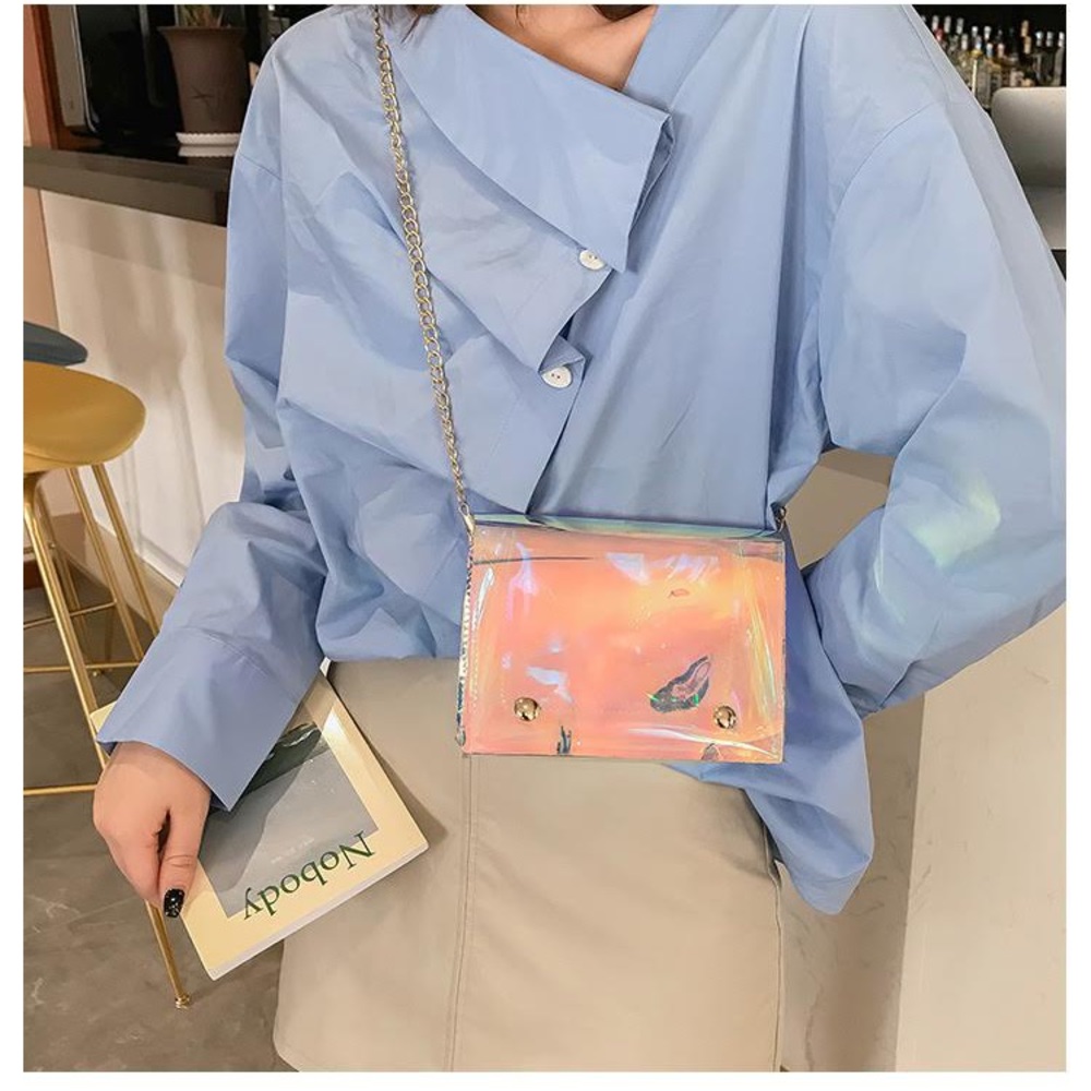 Clear, holographic stadium handbag. Transparent